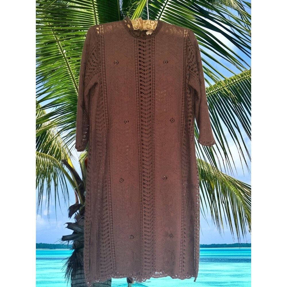 Sundance Brown Eyelet Midi Dress 10 | Boho Sheer Beach Coverup Lagenlook